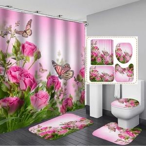 4 Piece Pink Rose Flower and Butterfly Shower Curtain Set